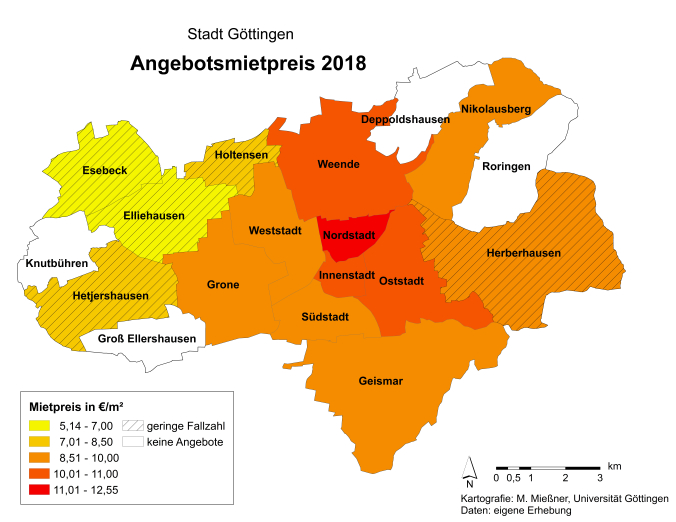 Mietpreisentwicklung in Göttingen unterteilt in Stadtgebiete